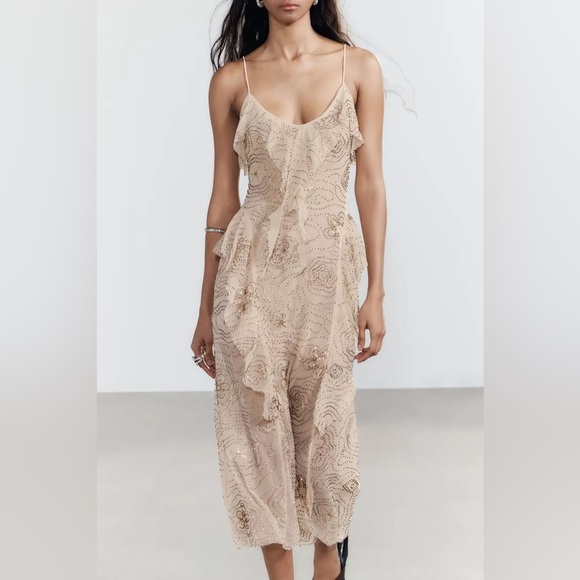 NET ZARA SHIMMERING RUFFLED MIDI DRESS - Picture 9 of 13